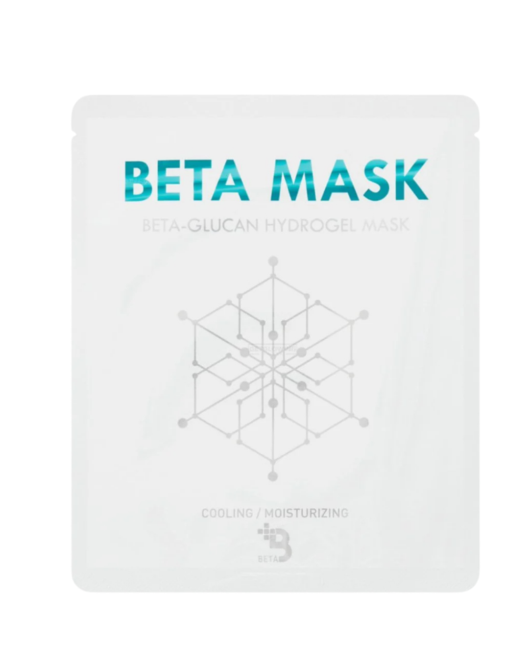 Beta Mask packaging with geometric design on a white background