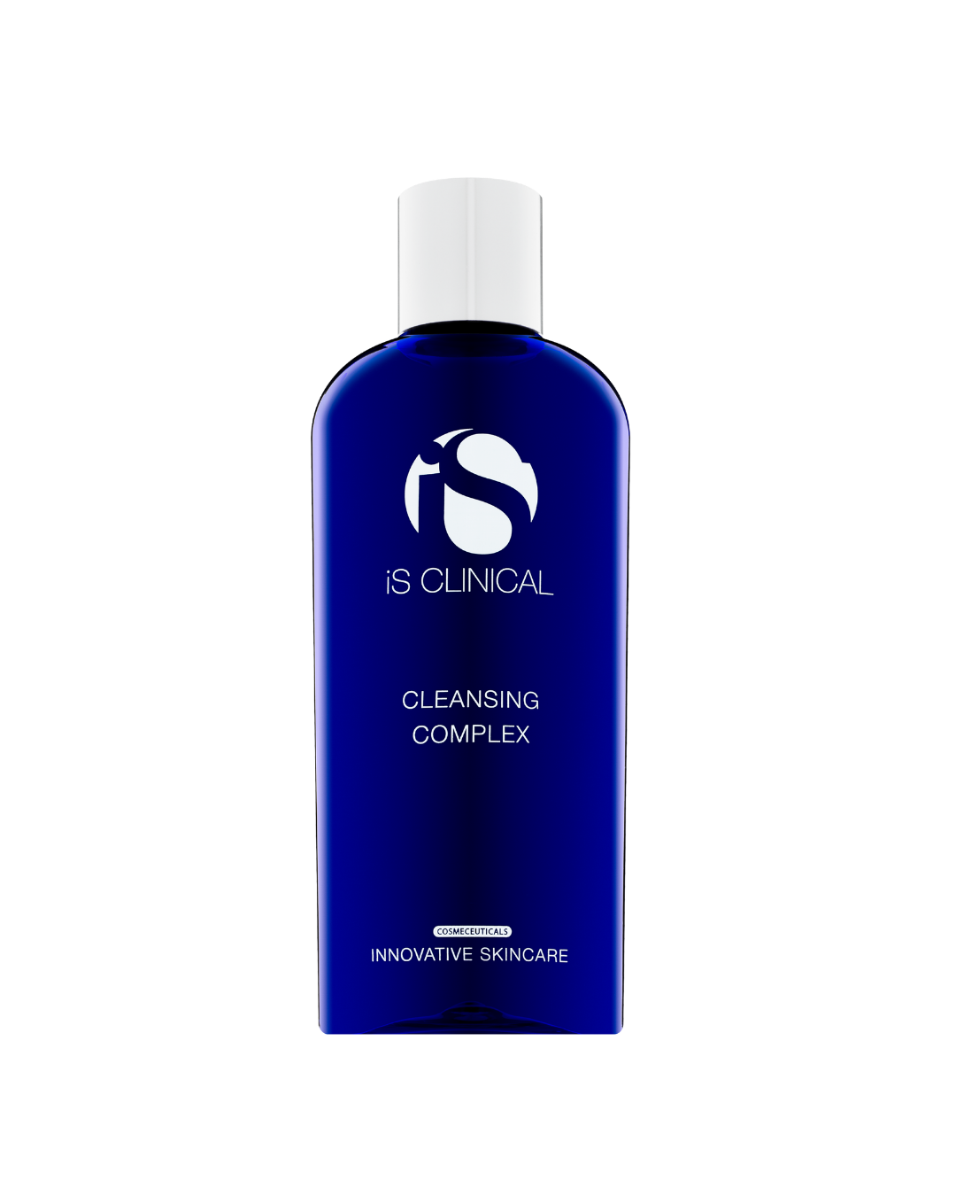 Blue bottle of IS Clinical Cleansing Complex on a white background