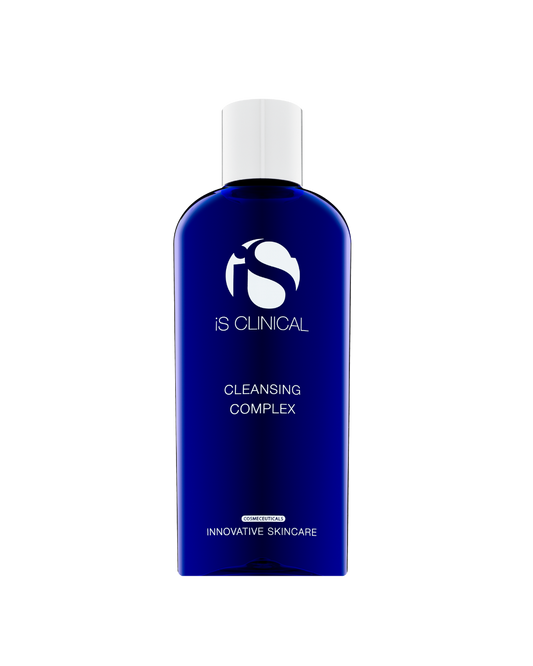 Blue bottle of IS Clinical Cleansing Complex on a white background