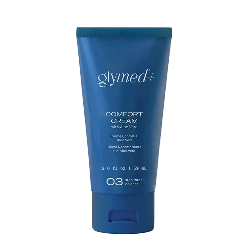 Blue tube of glymed+ Comfort Cream on a white background