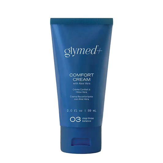 Blue tube of glymed+ Comfort Cream on a white background